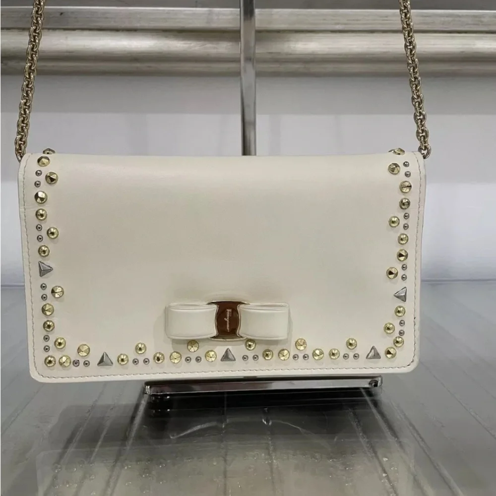 Ferragamo Leather Cream Wallet On A Chain With Studs And Iconic Bow! NIB